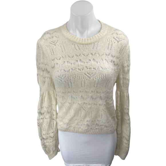 Zara Women's Cream White Lace Crochet Long Sleeve Crewneck Sheer Sweater Top M - Picture 1 of 3